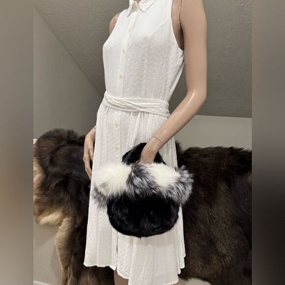 Black & White, Real Mink Fur with Fox Fur Trimming Top Handle & Multi Use Purse - Picture 11 of 16